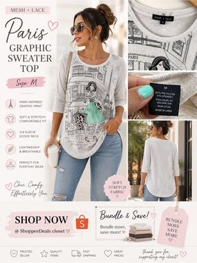 Mesh + Lace Paris Graphic Sweater Top - Size M